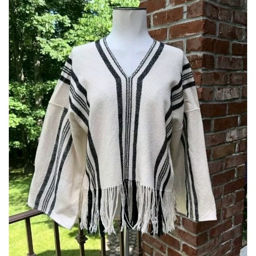 Apiece Apart Amelia Woven Long Sleeve Poncho Sweater Stripe Size US XS Boho